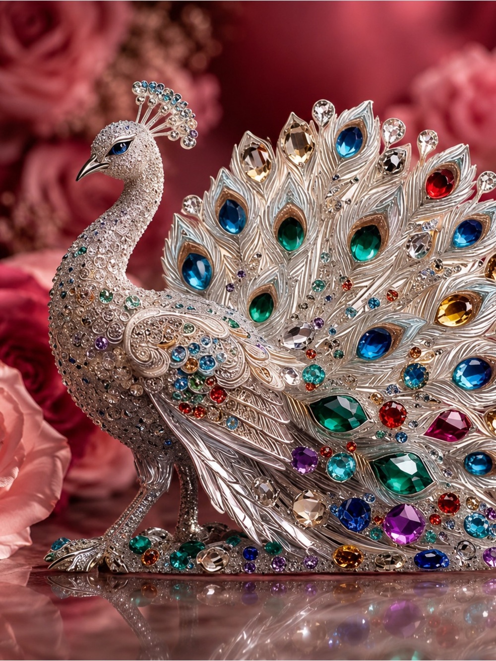 Crystal Peacock Figurine with Multicolor Gem Accents - Picture 2 of 5